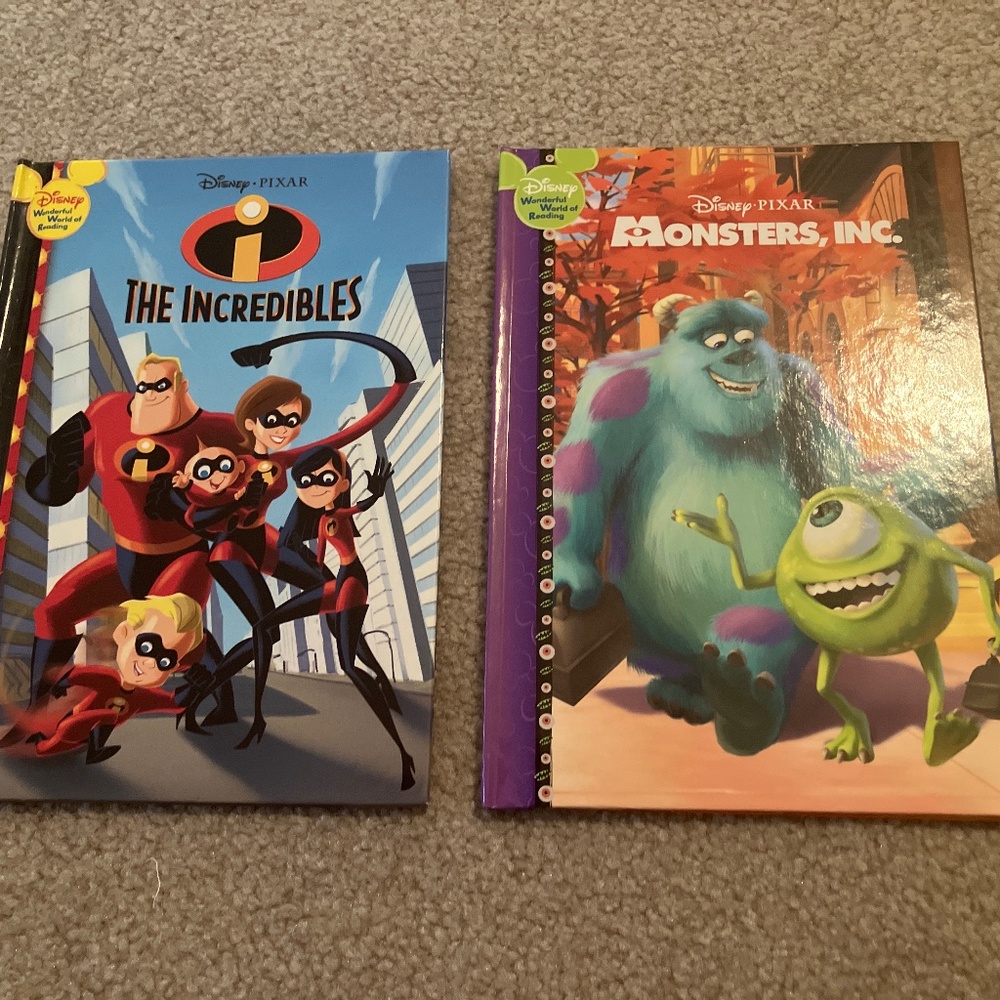 Disney the incredibles and monsters, reading books